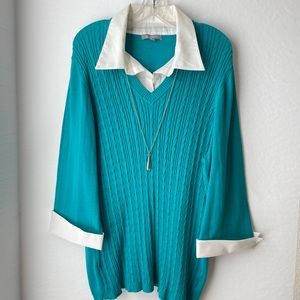 NY Collection Woman Teal Sweater Top Attached Collar & Silver Pendant Size 3X